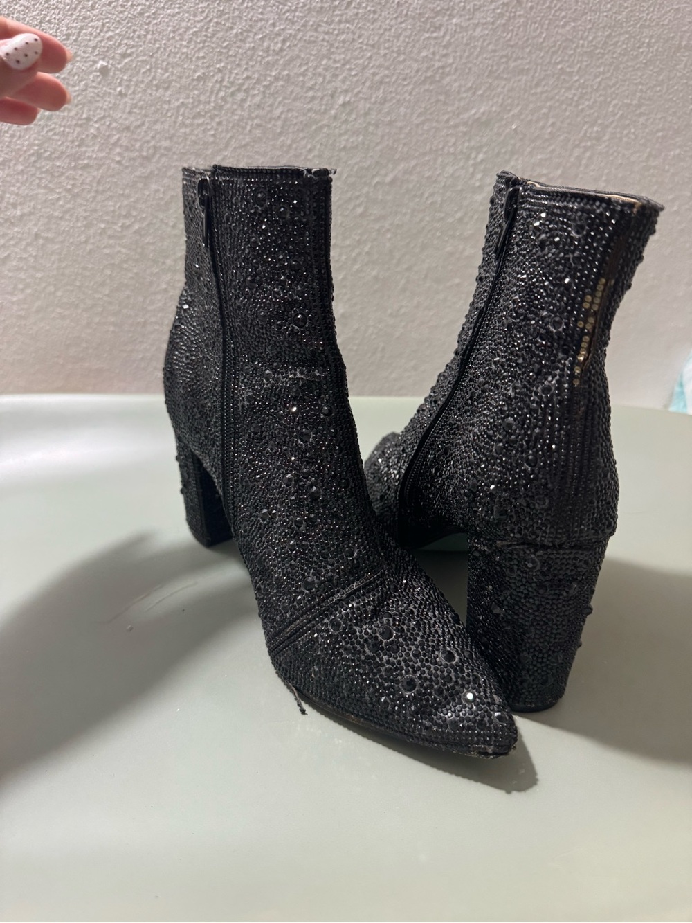 Betsey Johnson Black Rhinestone Embellished Block Heel Ankle Boots